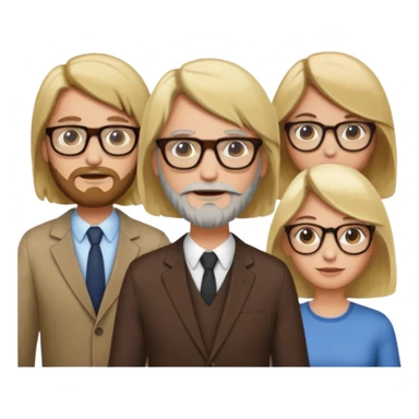 A man with hair and glasses and  a woman with long brown hair and a man with a beard and a woman with a blonde bob sticker