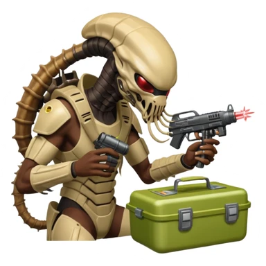The Predator, as in the 1987 movie, with full armor, laser gun and mask eating an Alien facehugger from a lunchbox, the setting should be dark and sci-fi. sticker