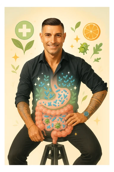 Verticale: uomo in posa sicura, illustrazione trasparente di intestino con parassiti che vengono eliminati e batteri buoni che si moltiplicano, atmosfera di equilibrio e benessere. sticker