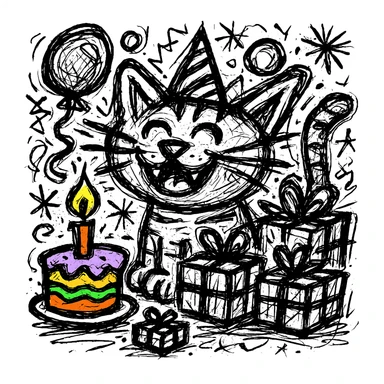 Make the birthday cake more colorful while keeping the chaotic outlined style and all other elements intact sticker