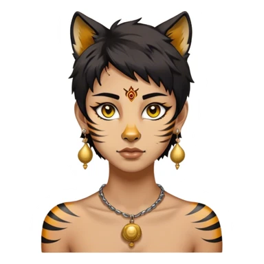 His natural black hair is styled in a messy wolf cut with yellow streaks throughout. He has a beauty mark under the right side of his sandy-colored eyes and a tiger tattoo extending from his neck to his shoulder and chest. Kazutora also wears a drop earring with a bell ornament at its tip. sticker