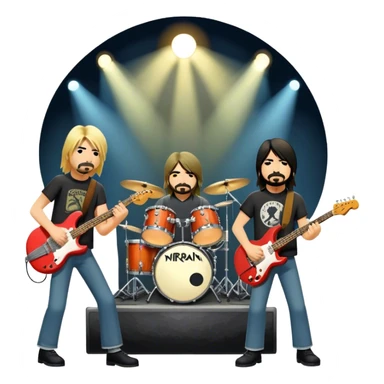 Icon for Rock Music: Nirvana performing on stage with Kurt Cobain on guitar and vocals, Krist Novoselic on bass, and Dave Grohl on drums. A grunge-inspired vibe with dynamic stage lighting and musical energy. Transparent background. sticker