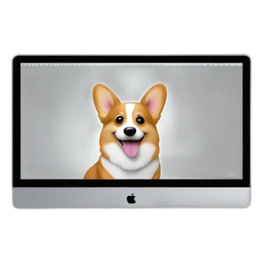corgi sits behind apple-imac monitor sticker