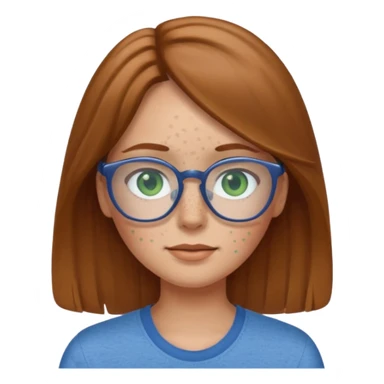 Create an emoji of a girl with light brown hair medium length hair, green eyes, freckles, glasses and wearing a blue shirt sticker