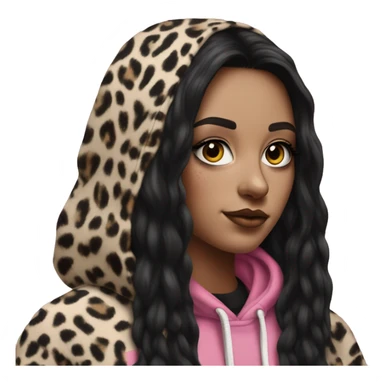 Hyperrealistic white girl with long black hair with a pink fringe and has eye makeup on, she is wearing a black and leopard print hoodie  sticker