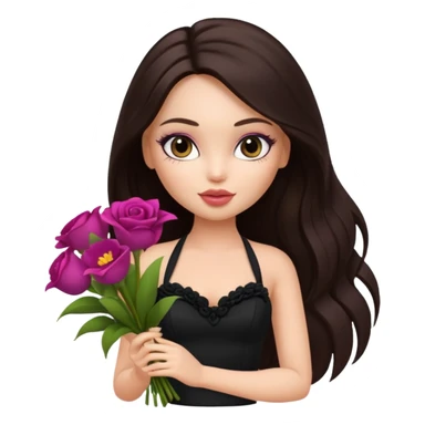 pretty bratz doll with makeup with dark halterneck top, long dark brown hair holding big bouquet of flowers sticker