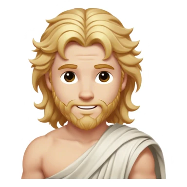 Cinematic Realistic Thor Portrait, head tilted playfully and inquisitively, showcasing his classical Greek god allure with a relaxed, yet commanding presence. His fair, radiant skin and flowing, wavy golden hair are highlighted by a gentle smile and twinkling, approachable eyes. Clad in a gracefully draped white toga with subtle golden embellishments, he exudes a lighthearted yet powerful charm under soft, natural lighting. sticker