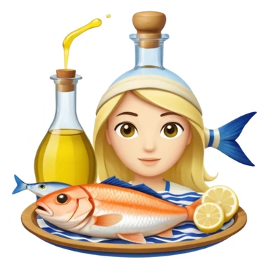 Mediterranean cuisine avatar in clean emoji-style illustration. Olive oil, fish, lemon, blue and sunny colors, light and fresh mood, flat design, high contrast. sticker