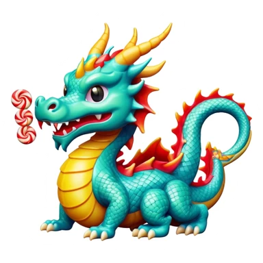 Beijing sugar-blown animal figurines traditional craft candy, simplified emoji style with bold outlines and bright colors, cartoon style dragon shaped sugar art sticker