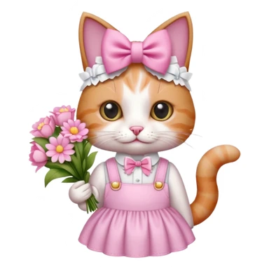 گربه‌ای که دستش یه دسته گل صورتی سفید باشه رو سرش پاپیون باشه و لباس صورتی سفید تنش باشه حالت بیلر داشته باشه و یه کادر کوچیک که نشونه فکر بالا سرش باشه sticker