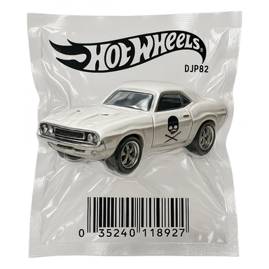 white 1971 Dodge Challenger Hot Wheels toy car, shiny and inflated, inspired by the movie 'Death Proof' sticker