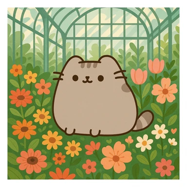 scottish fold pusheen cat surrounded by flowers in a botanical garden greenhouse sticker