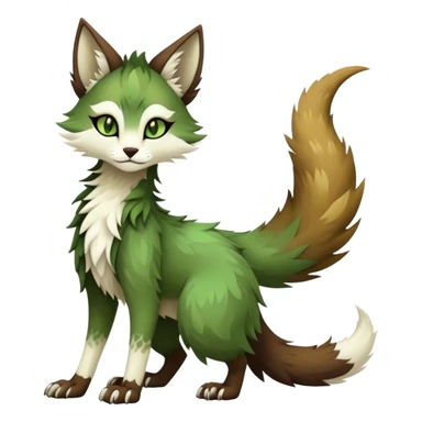 Kawaii dark edgy brown beige white fantasy ethereal feline-vernid-sergal-fursona animal creature with a tufted tail full body with intricate markings, hazel-gold-green eyes sticker