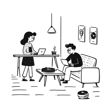 A mid-century modern living room with two people working on laptops — a woman standing working on the laptop and a man sitting on a couch with a laptop. The room has visible floor and two walls forming a corner, large window, modern pendant lamp, turntable, vinyl record stand, retro posters sticker