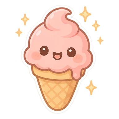 chibi sticker-style ice cream cone with sparkles, cute and exaggerated sticker