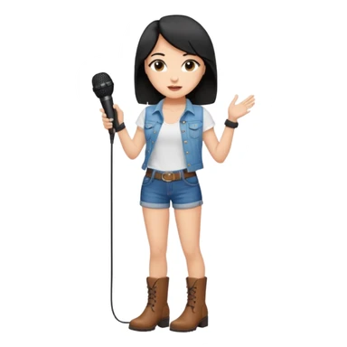 Crie uma cantora morena charmosa de shortes top e bota com microfone branca e cabelo preto sticker