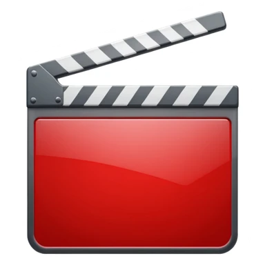 Glossy bright red clapperboard in the classic style of Apple icons: the top bar is tilted up-left, the body and bar with a deep glossy glare, dark gray edging, black background inside, perfectly square with rounded corners. sticker
