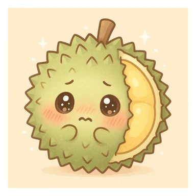 adorable chibi durian, round shape, green spiky shell, yellow flesh, blushing cheeks, shy with sparkly eyes, pastel tones sticker