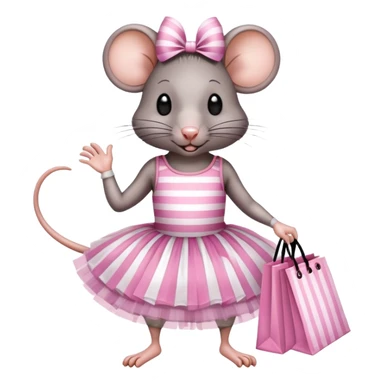 rat with a pink dress and tutu holding a black and white striped shopping bag sticker