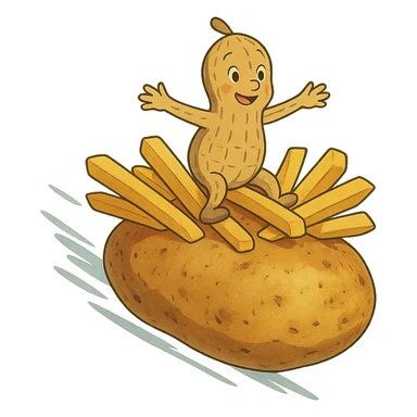 ghibli style peanut flying on a potato with fries sticker