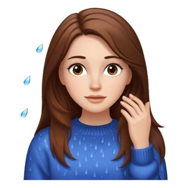 white woman with long brown hair and brown eyes, wearing a sweater, enjoying the rain, makeup visible sticker