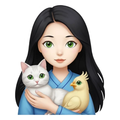 A pretty Korean woman with long black hair, white skin, holding a gray-lined green-eyed cat and a white blue-eyed blind chicken cat
 sticker