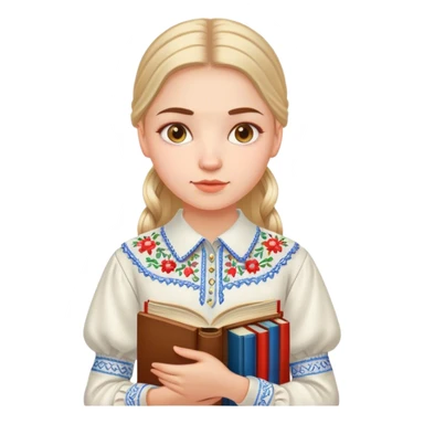 A Ukrainian girl in an embroidered shirt holds many books sticker