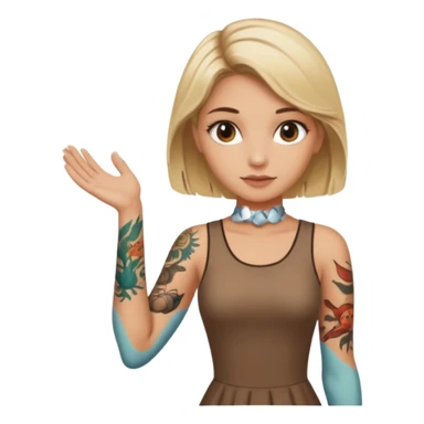 Blonde white girl with dark roots, sunkissed tan, and marine life tattoos on one arm wearing brown dress. Brown eyes sticker