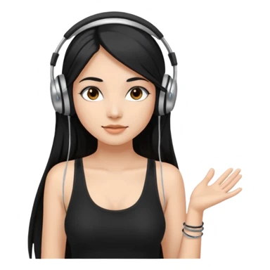 a fair indian girl with straight black long hair, wearing a black cami top. and wearing silver  headphones on sticker
