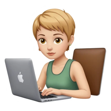 macbook pro white woman pixie haircut light brown hair hazel eyes playing computer games sticker