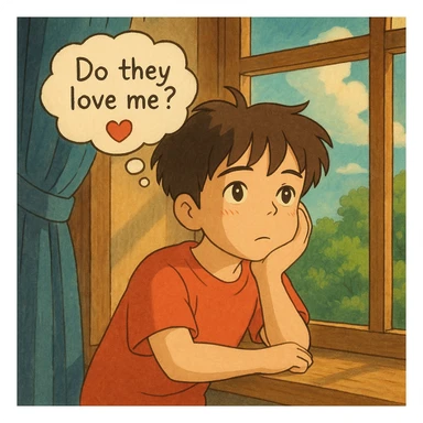 ghibli style illustration of a boy gazing out a window, dreamy expression, thought bubble with 'do they love me?' and a heart sticker