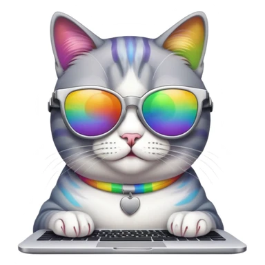 Cat with silver sunglasses working on computer in rainbow  sticker