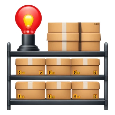 industrial shelf front view with packages on the shelf and a single glowing lamp above like a traffic light dot sticker