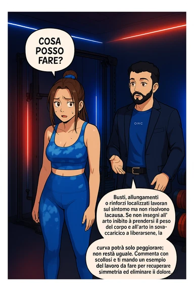 ispirati a questo stile di disegno e fai questa immagine in versione manga/webtoon a colori, il manga mostra la donna preoccupata che chiede: "COSA POSSO FARE?" E L'UOMO CHE RISPONDE: Busti, allungamenti o rinforzi localizzati lavorano sul sintomo ma non risolvono la causa. Se non insegni all’arto inibito a prendersi il peso del corpo e all’arto in sovraccarico a liberarsene, la curva potrà solo peggiorare; non resta uguale. Commenta con scoliosi e ti mando un esempio del lavoro da fare per recuperare simmetria ed eliminare il dolore. sticker