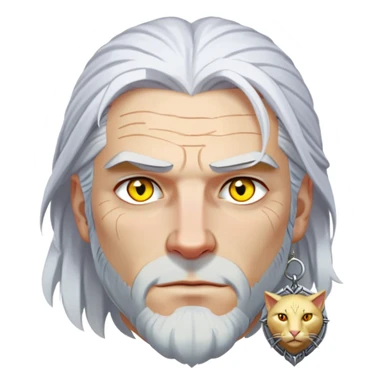 Geralt of Rivia with white hair, yellow cat eyes, and witcher medallion sticker