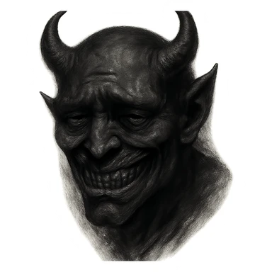 dark, sneering demonic face with vicious features, sad eyes, expressing depression and pessimism, perpetrator vibe sticker