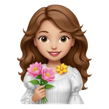 generate a pretty bratz girl with in a white puff sleeve top.  light lipgloss on . Brown wavy hair long. carrying flowers  sticker
