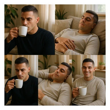 Create 5 variants of an adult man inspired by the face in the reference photo. The man is drinking coffee in some images and lying down for a 20-minute afternoon nap to regain energy in others. The setting is relaxed with natural light and a wellness atmosphere. Focus on a calm, peaceful mood with natural lighting and a cozy environment. sticker