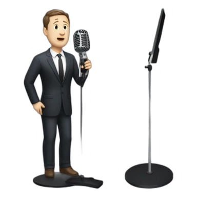 tim robinson in suit singing into microphone stand holding stand (full body, ios17, somber) sticker