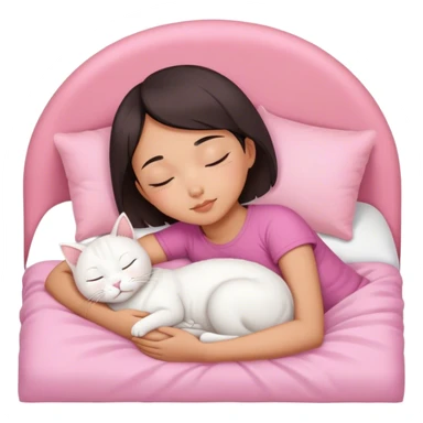 White cat sleeping with Asian girl short hair in pinky bed  sticker