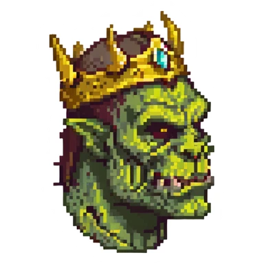 pixel art crowned orc, side profile, gold crown, tusks visible, classic RPG style sticker