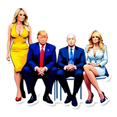 Four people, Trump, Stormy Daniels, Musk, and Bezos, side-by-side, sit sticker