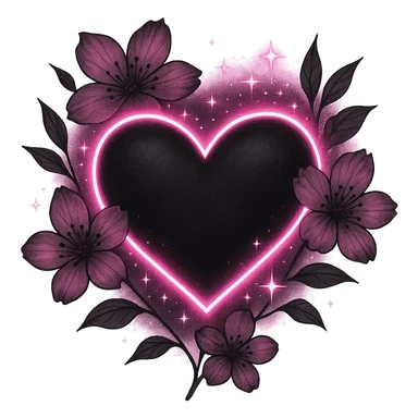 goth sakura black heart with glowing pink outline and magical sparkles, remove background sticker