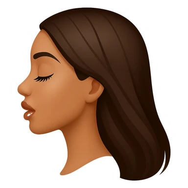 Create a side view (profile) of this woman's head in the normal iPhone emoji style, with closed eyes, long eyelashes, an open mouth, smooth shading, no outlines, long dark hair, and glossy lips with visible lip gloss. This is variant 4. sticker