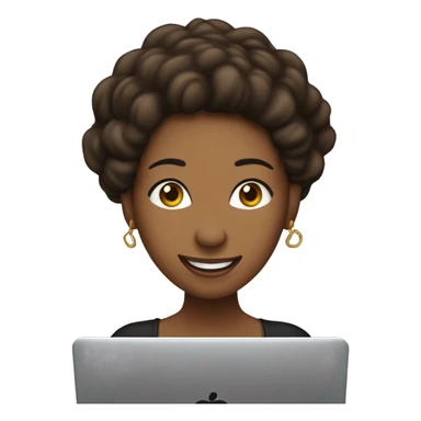 mujer, de piel trigueña, pelo negro y largo, ojos marrones, saludando con un mano y sonriente. tiene una laptop sticker