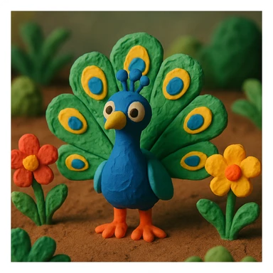 peacock standing in a garden, playful and vibrant, textured look, claymation style sticker