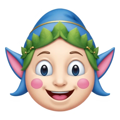 A blue emoji with fat pink cheeks and is smiling like a elf sticker