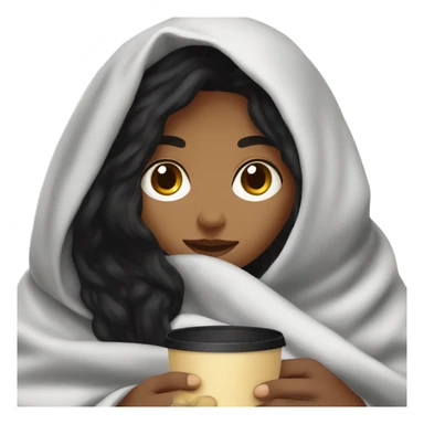 Girl with black hair under the blanket looking at the coffee in her hand sticker