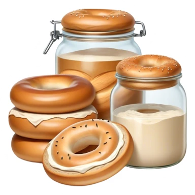 sourdough starter in a glass jar and a loaf of bread and a bagel sticker
