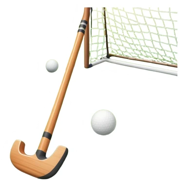 field hockey stick and ball on green grass field with goalposts in background sticker